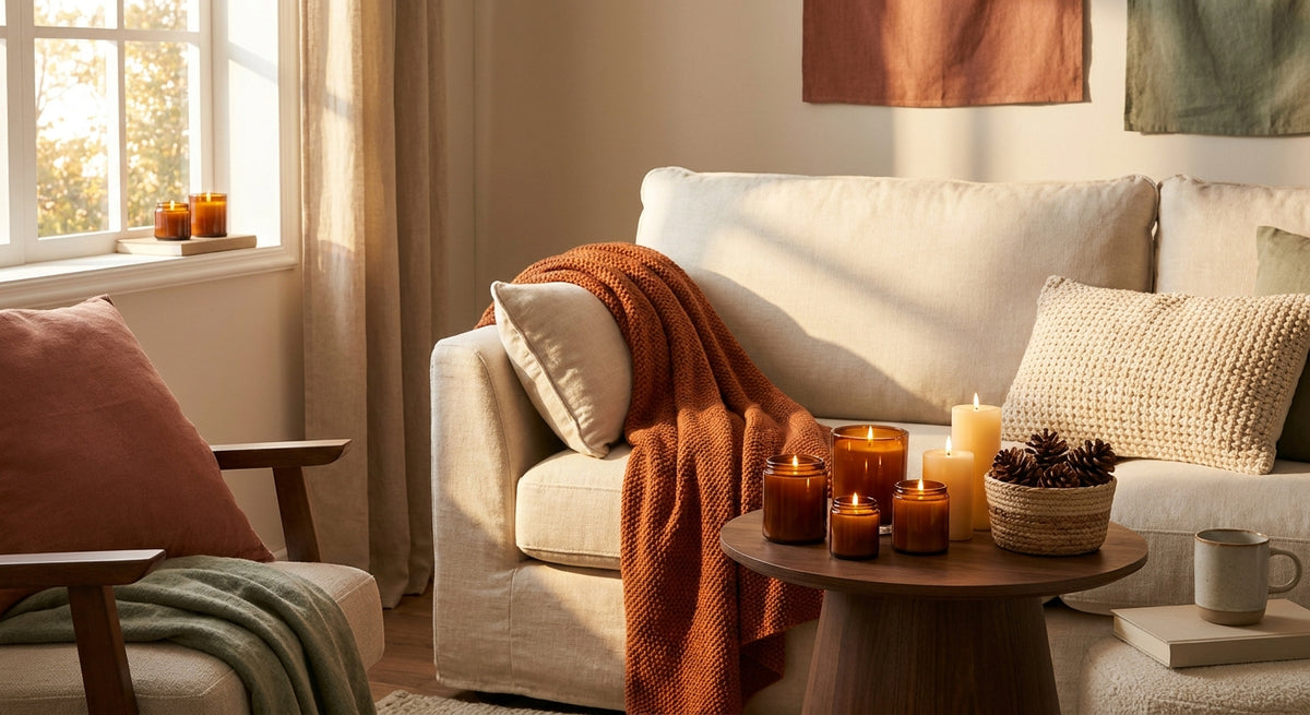 A cosy autumn living room corner with a rust-orange throw, glowing candles, and earthy soft furnishings bathed in warm golden light.