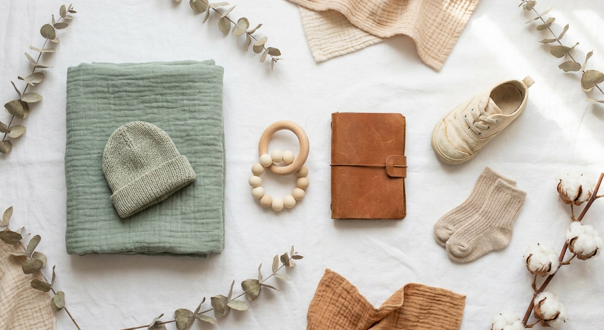 A flat-lay arrangement of baby essentials from newborn swaddle to toddler shoe, photographed in soft natural light on a white surface.