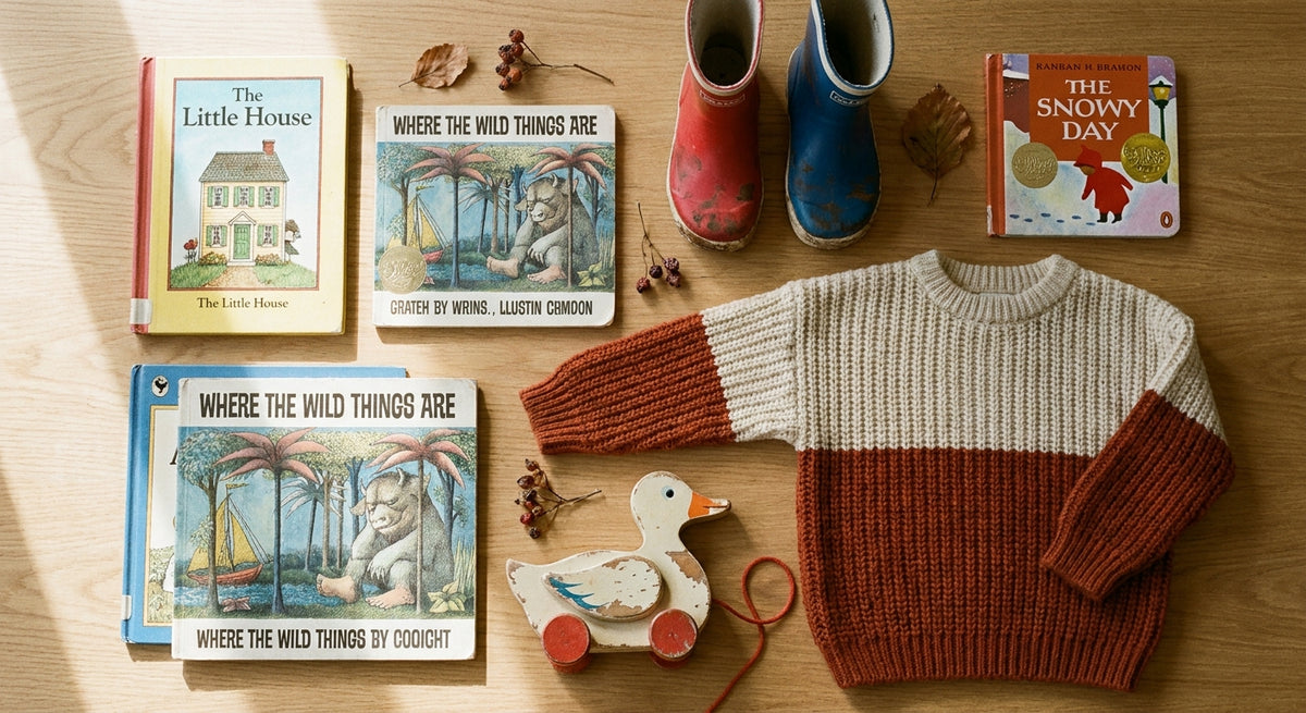 A warm flat lay of preloved children's items including books, wellies, a knitted jumper, and a wooden toy arranged on a light oak surface in soft natural light.
