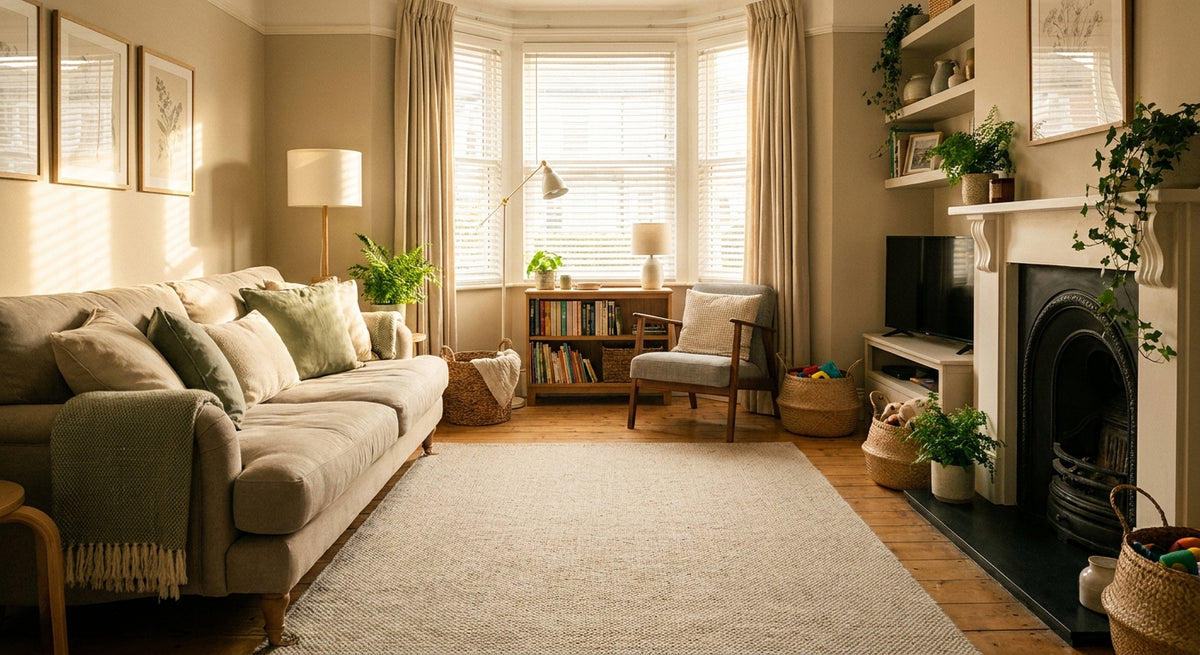 A warm and inviting family living room with soft rugs, cosy cushions, cord-free lighting, and budget-friendly décor accents in sage green and cream tones.