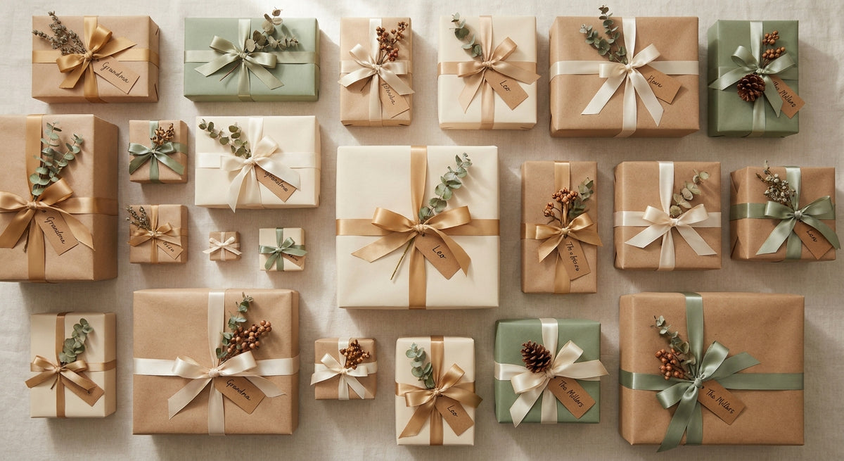 A warmly lit flat lay of neatly wrapped gifts of various sizes in kraft paper and earthy tones, decorated with green foliage and ribbons on a linen surface.