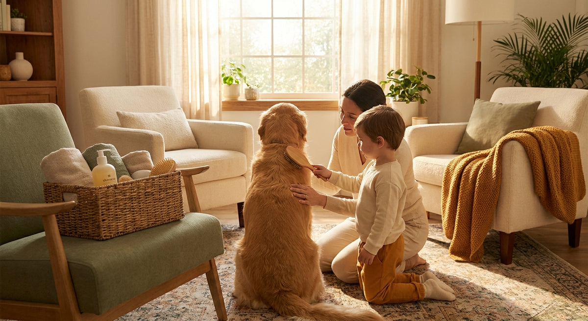 A parent and young child kneeling together in a warm living room, gently grooming a golden retriever with a basket of pet care supplies nearby.