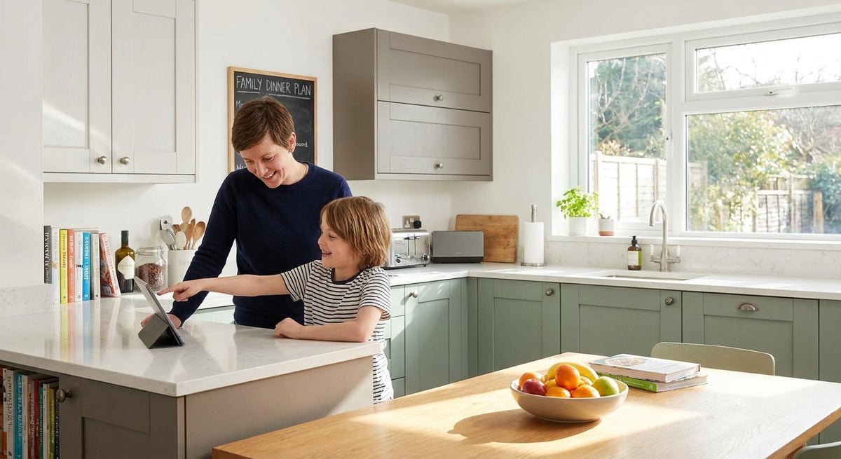 A young child and parent collaborate over a shopping list on a tablet in a bright, modern family kitchen, with the child pointing confidently at the screen.