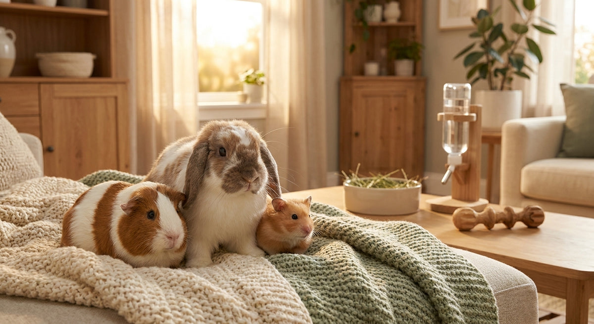 A rabbit, guinea pig, and hamster resting together on a cosy knitted blanket in a warm, naturally lit family living room.