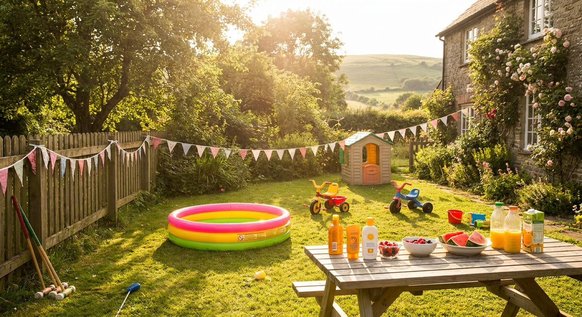 A bright, cheerful British garden scene with a paddling pool, picnic table, and outdoor toys on a sunny summer afternoon.