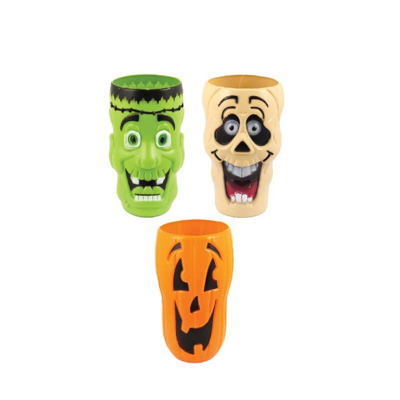 Plastic Halloween Party Cups – Assorted Pumpkin, Skeleton & Frankenstein Designs