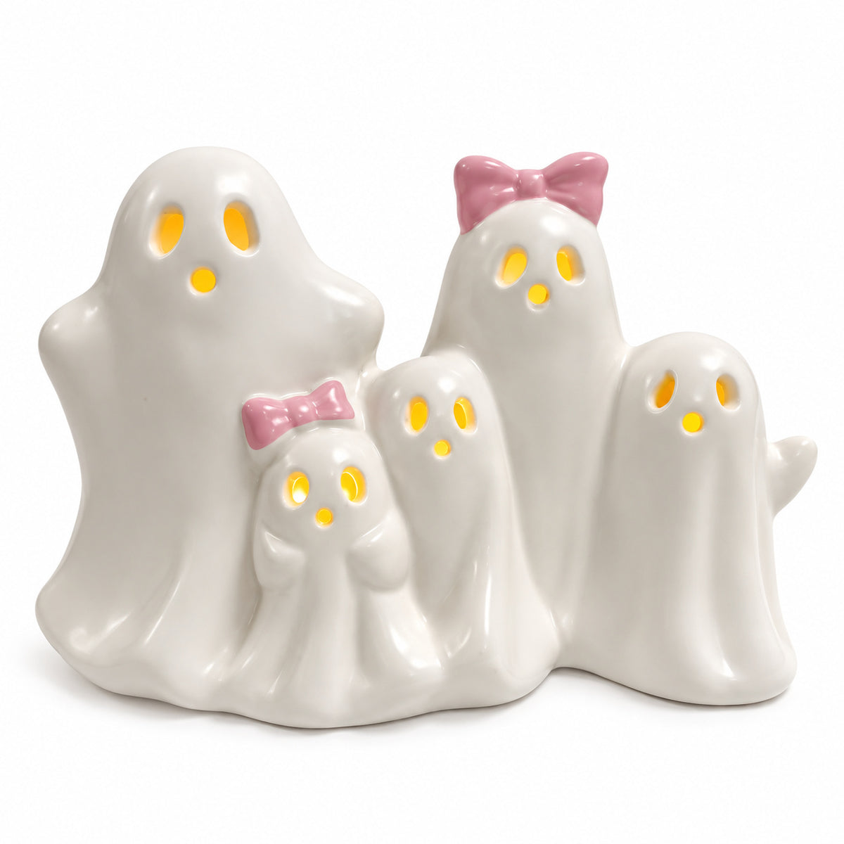 Set of 5 LED Ceramic Ghost Decorations – Light-Up Halloween Ghost Figurines
