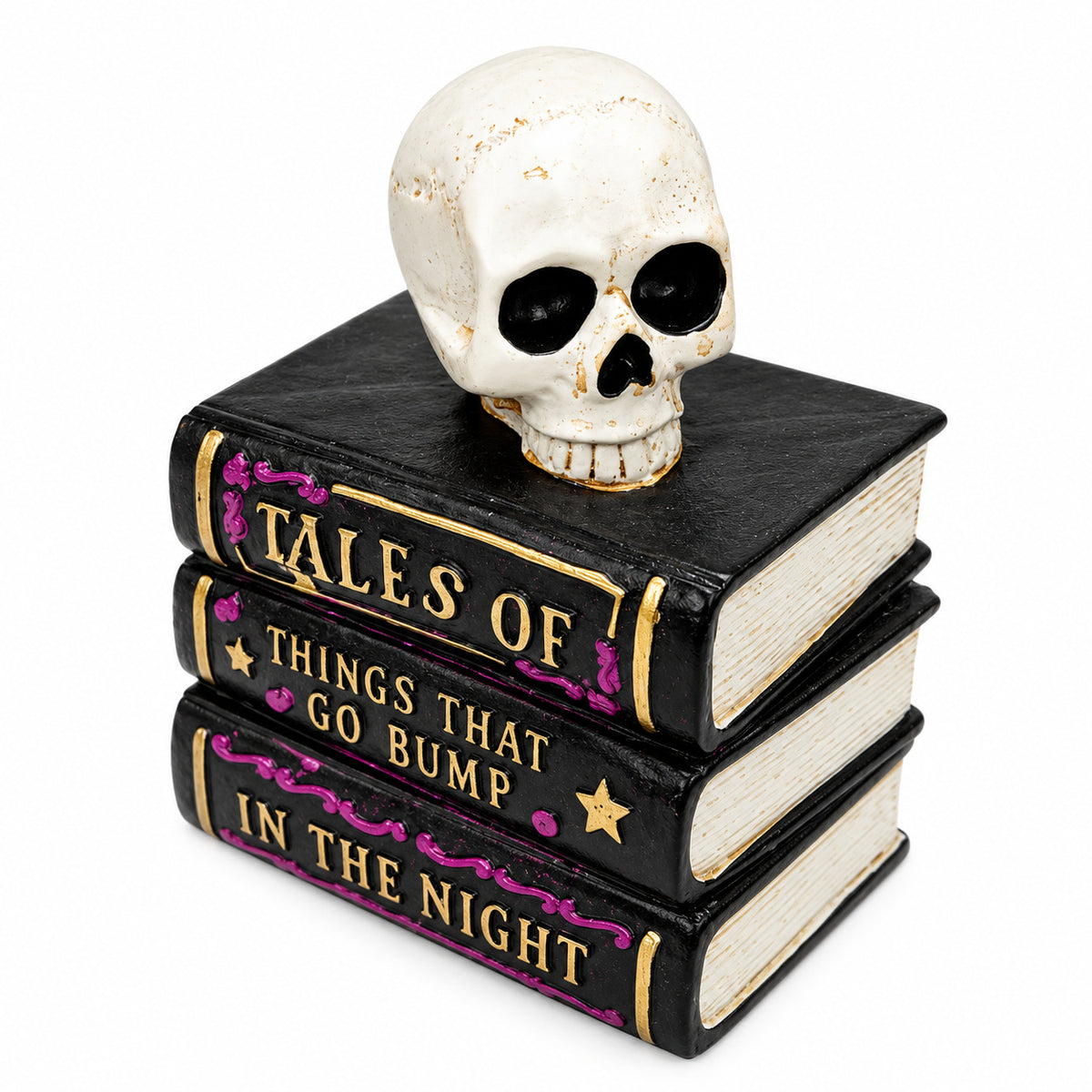 Skull on Stacked Books Halloween Ornament – Gothic Resin Bookshelf Decoration