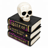 Skull on Stacked Books Halloween Ornament – Gothic Resin Bookshelf Decoration