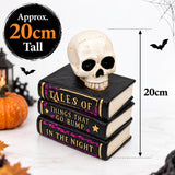 Skull on Stacked Books Halloween Ornament – Gothic Resin Bookshelf Decoration