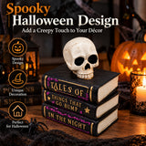 Skull on Stacked Books Halloween Ornament – Gothic Resin Bookshelf Decoration