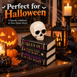 Skull on Stacked Books Halloween Ornament – Gothic Resin Bookshelf Decoration