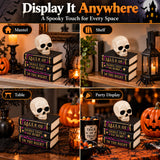 Skull on Stacked Books Halloween Ornament – Gothic Resin Bookshelf Decoration