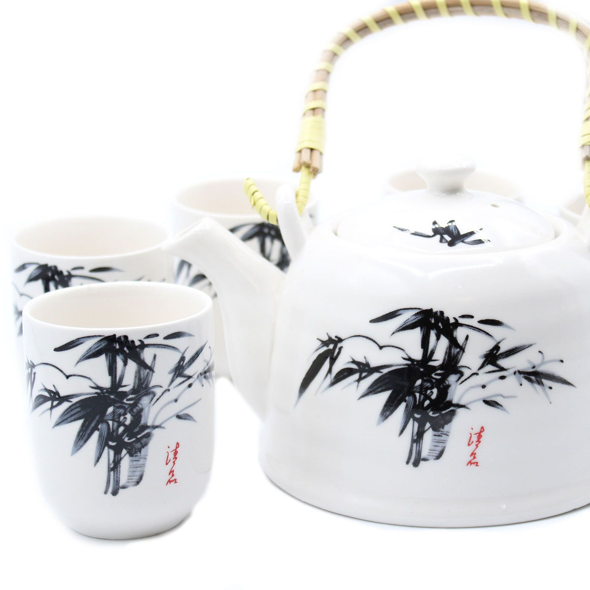 Herbal Teapot Set – White Stone Oriental with Strainer & 6 Cups